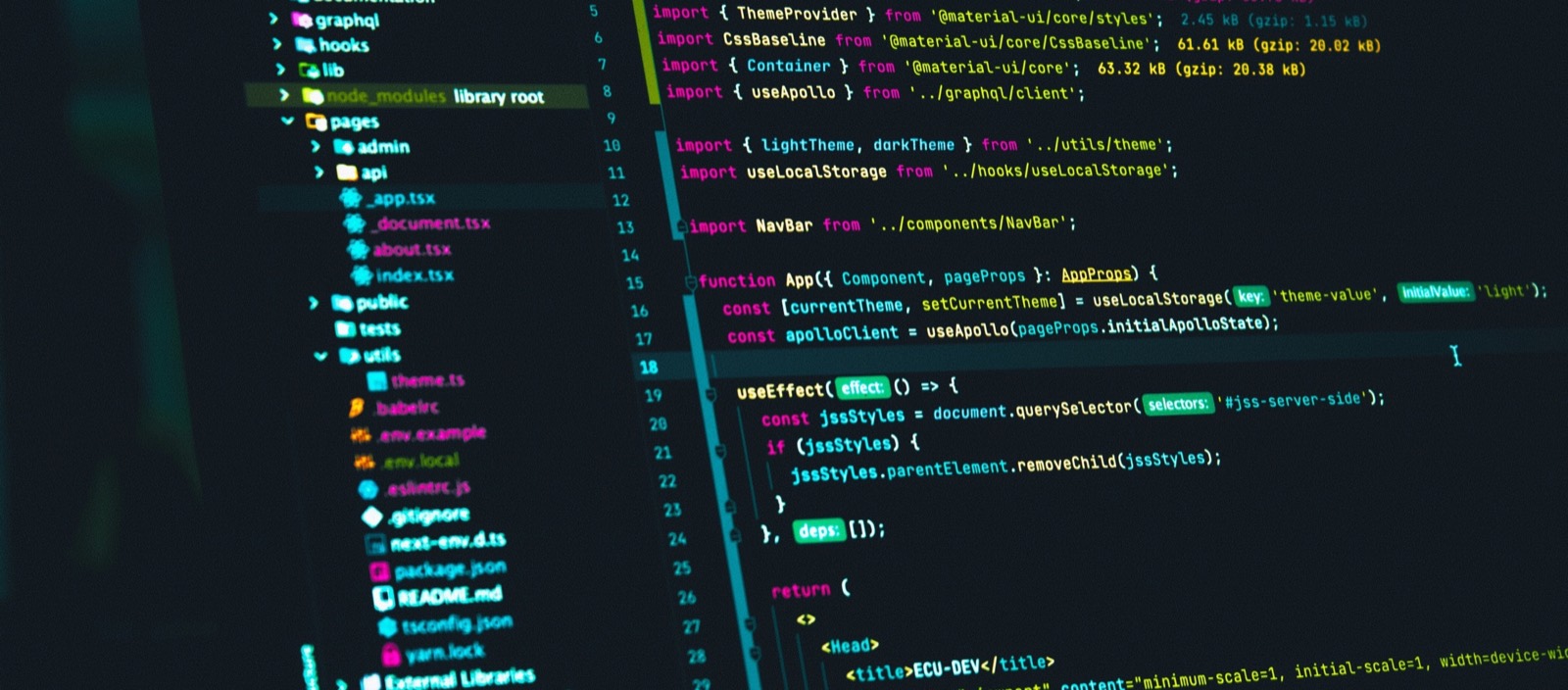 Schermo di un editor di codice: albero dei file a sinistra, sorgente colorato a destra.